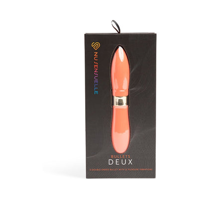 Nu Sensuelle Deux Bullet double-ended vibrator in coral displayed in black retail packaging with window.