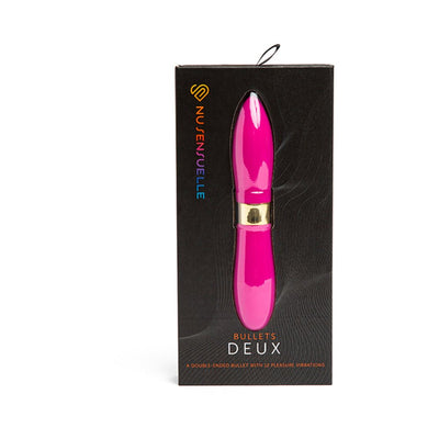 Nu Sensuelle Deux Bullet double-ended vibrator in magenta with gold accent in black packaging box.
