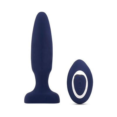 Navy blue silicone Sensuelle Fino Roller Motion Plug with matching remote control on white background.