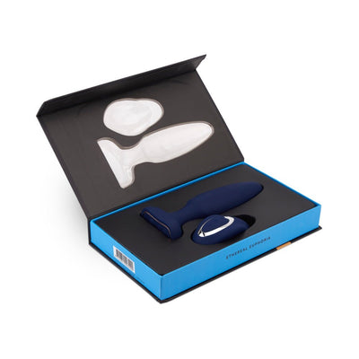 Sensuelle Fino Roller Motion Plug in navy blue with matching remote in open blue and black gift box.