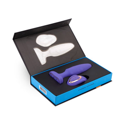 Purple Sensuelle Fino Roller Motion Plug and remote control in black and blue presentation box with molded insert.