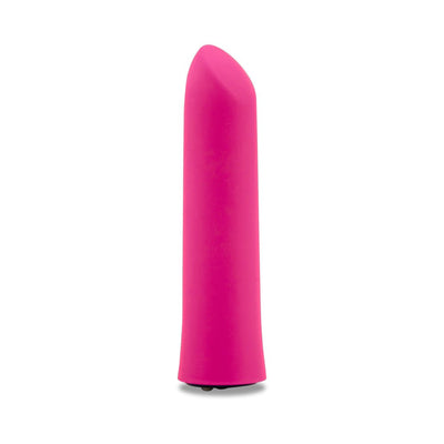 Pink sleek bullet vibrator with a smooth, tapered tip and discreet base controls on white background.