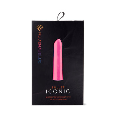 Packaging of Sensuelle Iconic Bullet vibrator in black box with pink product visible through window and colorful logo text