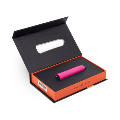 Pink Sensuelle Iconic Bullet vibrator displayed in sleek black and orange presentation box with "Indulgent Bliss" text.