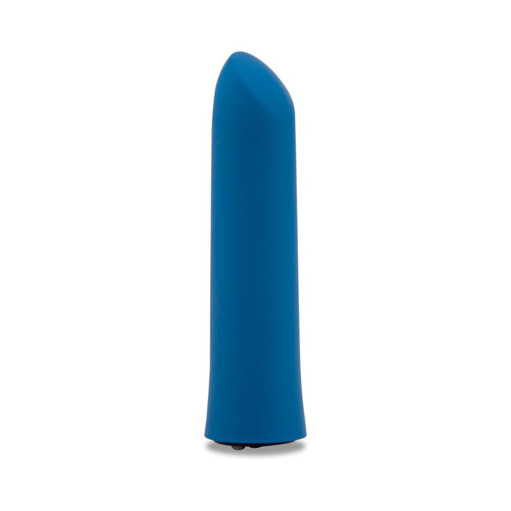 Deep turquoise sleek bullet vibrator with angled tip and smooth finish standing upright on white background.