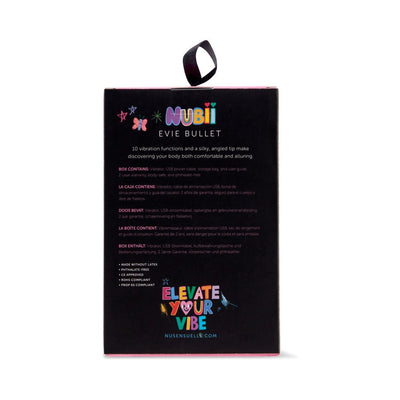 Back view of Sensuelle Nubii Evie Bullet vibrator packaging with product details and colorful branding on black box.