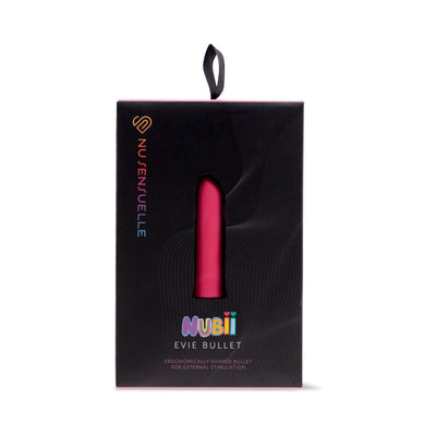 Packaging of Sensuelle Nubii Evie Bullet vibrator in black box with colorful logo and pink product visible through window.