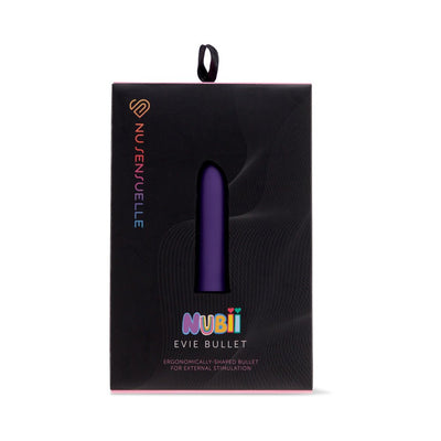 Sensuelle Nubii Evie Bullet vibrator in purple with colorful logo on black packaging for external stimulation.