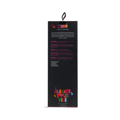Black rectangular packaging box for Sensuelle Nubii Lolly Wand with colorful text and product details on the back.