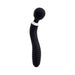Black flexible wand with textured handle and rounded head designed for targeted stimulation, standing upright on white background.