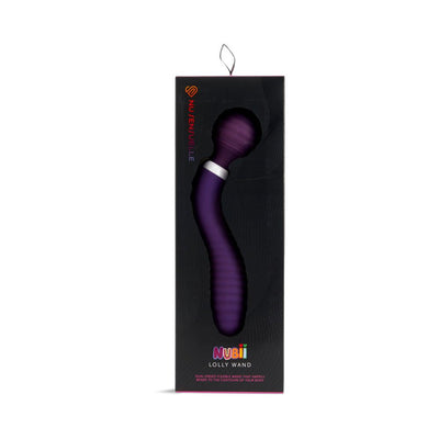 Purple Sensuelle Nubii Lolly Wand in black packaging with clear window, showing its curved, textured design and silver accent ring.