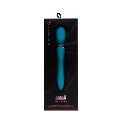 Sensuelle Nubii Mika Mini Wand in teal with three-button control, displayed in black branded packaging.