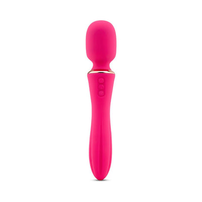 Bright pink mini wand vibrator with rounded head and three control buttons on the handle against white background.