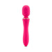 Bright pink mini wand vibrator with rounded head and three control buttons on the handle against white background.