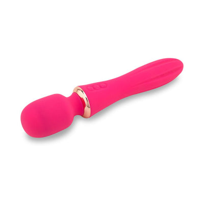 Bright pink mini wand massager with rounded head, rose gold accent, and textured handle on white background