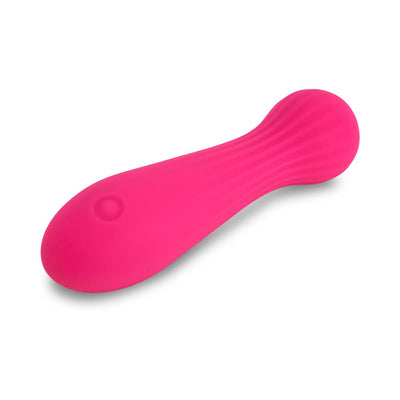 Pink flexible silicone bullet vibrator with textured body and single button control on white background.