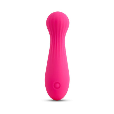 Pink silicone flexible bullet vibrator with rounded head and single button control on white background