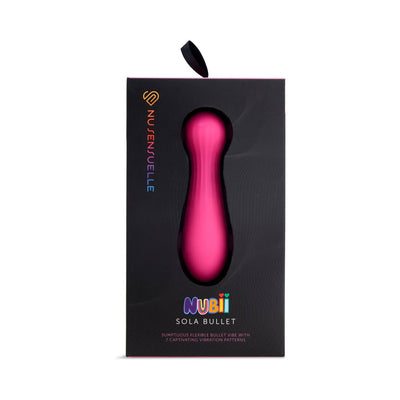 Pink Sensuelle Nubii Sola Bullet vibrator in black retail box with colorful branding and magnetic USB charging details.