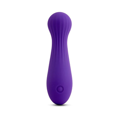 Purple flexible silicone bullet vibrator with textured pear-shaped head and single button control.