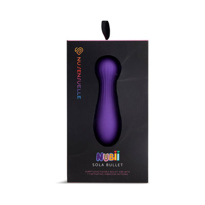 Purple Sensuelle Nubii Sola Bullet vibrator in black packaging with colorful logo and product details visible through window.