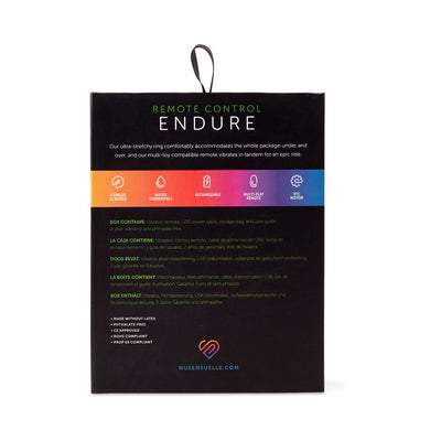 Packaging back of Sensuelle Remote Control Endure cock ring with product features and multilingual contents list.