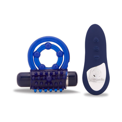 Blue Sensuelle remote control cock ring with textured vibrating bullet and wireless remote on white background.