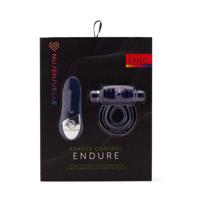 Sensuelle remote control cock ring and vibrating remote in black and blue packaging with product details.
