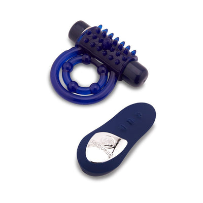 Blue textured vibrating cock ring with detachable bullet and matching remote control on white background.