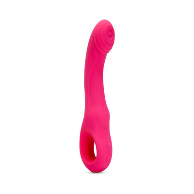 Bright pink curved silicone vibrator with textured head and ergonomic loop handle, standing upright on white background.