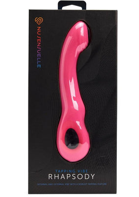 Pink curved tapping vibrator in black packaging with a clear window showing the Sensuelle Rhapsody design.