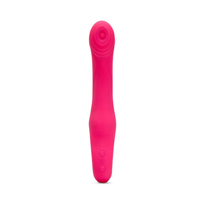 Bright pink silicone vibrator with curved head and textured ridges, featuring two control buttons on the handle.