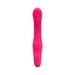 Bright pink silicone vibrator with curved head and textured ridges, featuring two control buttons on the handle.