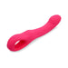 Bright pink curved silicone vibrator with textured head and ergonomic handle with control buttons.