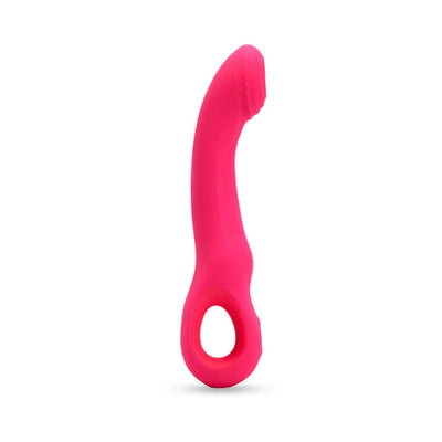 Bright pink curved silicone vibrator with ergonomic handle and textured head for targeted stimulation.