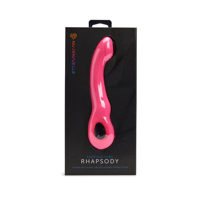 Pink curved Sensuelle Rhapsody tapping vibe in sleek black packaging with brand logo and product name.