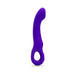 Purple curved silicone vibrator with textured head and ergonomic loop handle on white background