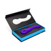 Purple curved silicone vibrator with textured head in black and blue open box packaging.