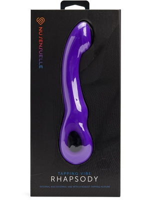 Purple curved tapping vibe in black packaging with Nu Sensuelle branding and Rhapsody product name.