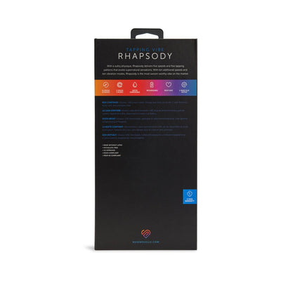 Back view of Sensuelle Rhapsody Sngl Tap Vibe packaging highlighting features and warranty details.