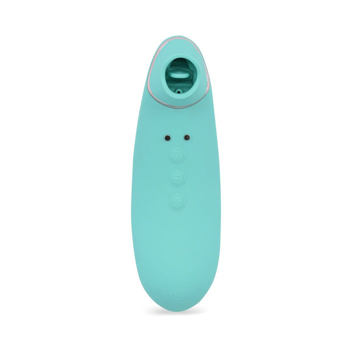 Electric blue Sensuelle Trinitii 3-in-1 suction tongue vibrator with control buttons on a white background