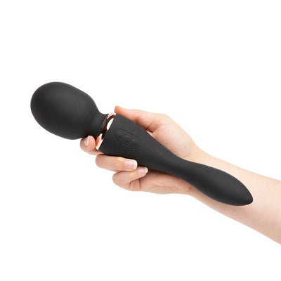 Hand holding a black Sensuelle Xlr8 Alluvion dual-ended wand vibrator with ergonomic design and control buttons.