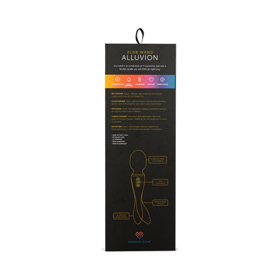Packaging box for Sensuelle Xlr8 Alluvion Wand showing product features and specifications on black background.