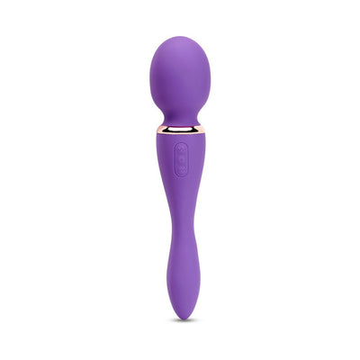 Purple dual-ended Sensuelle Xlr8 Alluvion Wand with smooth silicone finish and rose gold accent ring.