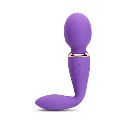 Purple dual-ended wand vibrator with curved handle and rose gold accent, featuring three control buttons.