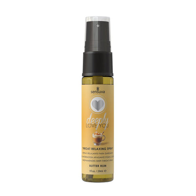 Sensuva Deeply Love You Butter Rum flavored throat relaxing spray in a 1 oz bottle with black spray cap.