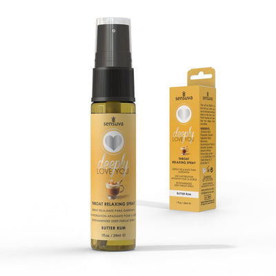 Sensuva Deeply Love You Butter Rum throat relaxing spray bottle and packaging in warm yellow tones with heart logo.