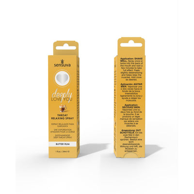 Sensuva Deeply Love You Butter Rum throat relaxing spray packaging showing front and back with usage instructions.
