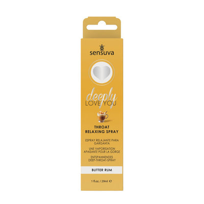 Sensuva Deeply Love You Butter Rum throat relaxing spray in gold packaging, 1 oz bottle for oral comfort.