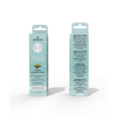 Sensuva Deeply Love You Throat Relaxing Spray in chocolate mint flavor with front and back packaging shown.