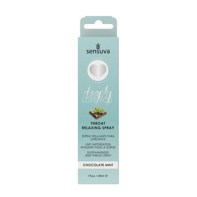 Sensuva Deeply Love You throat relaxing spray in chocolate mint flavor with light blue packaging and heart design.